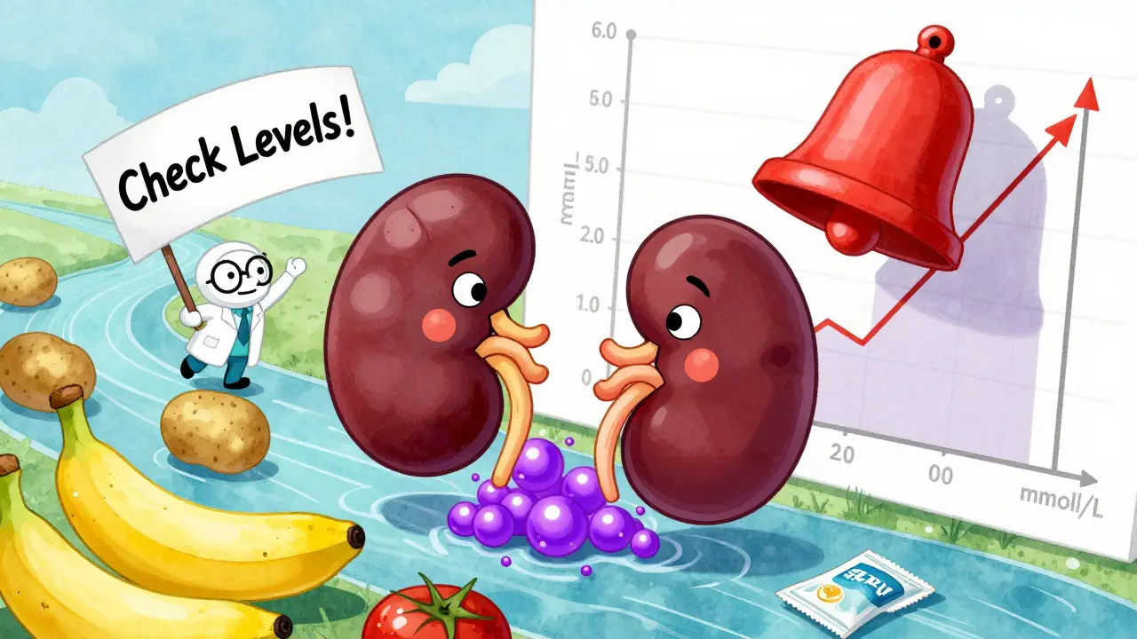 Anthropomorphic kidneys struggling to remove potassium from foods like bananas and salt substitutes.