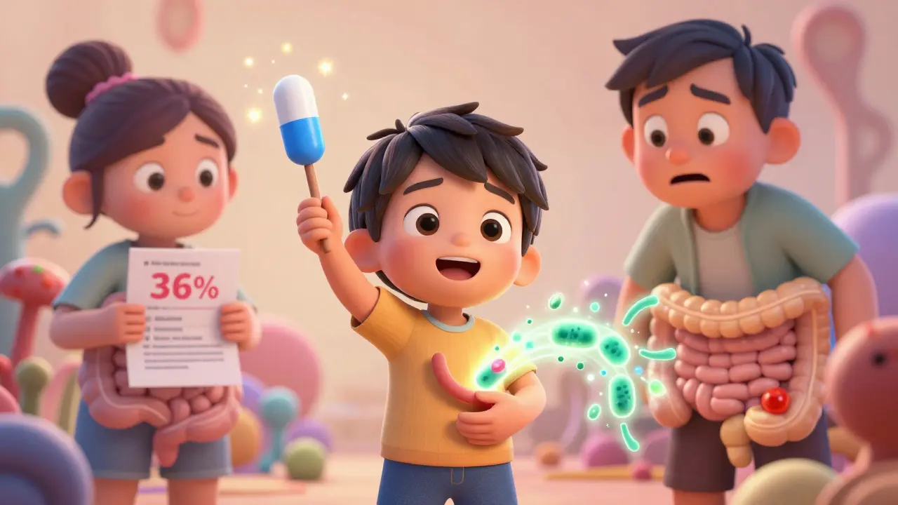 Child using a probiotic capsule like a magic wand, with glowing beneficial bacteria entering their body.