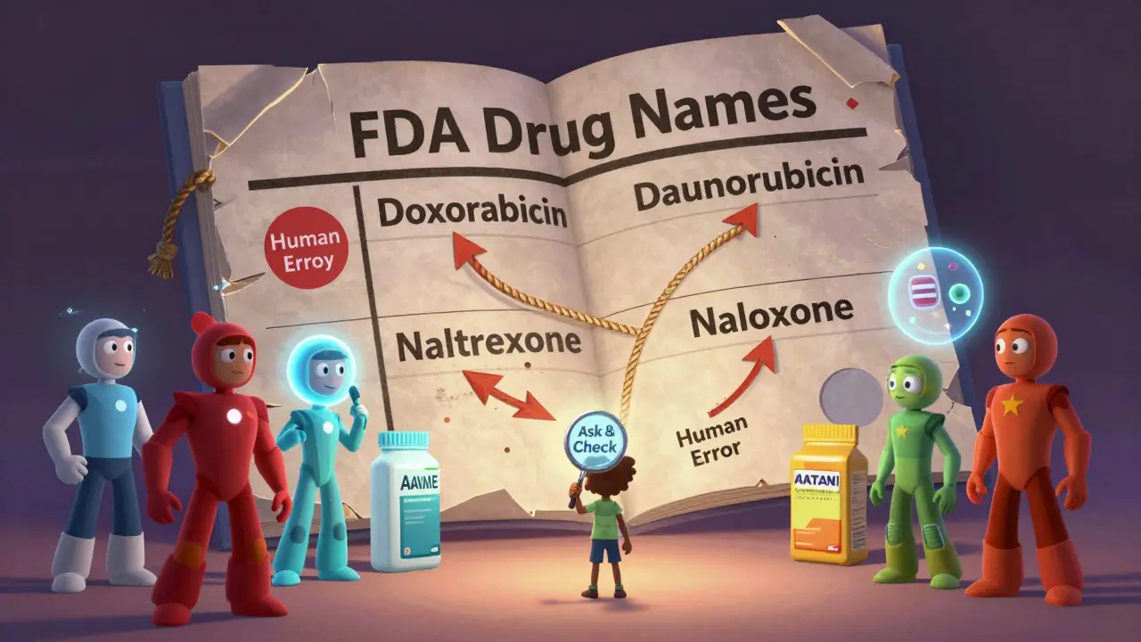 Crumbling drug catalog with dangerous medicine pairs, child using magnifying glass as AI helpers rise below.