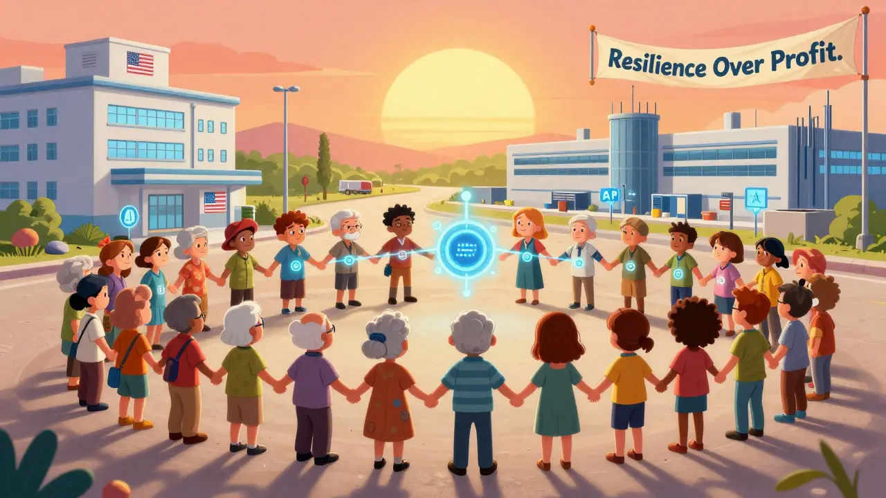 Diverse patients forming a chain to a new drug factory as supply chains rebuild.