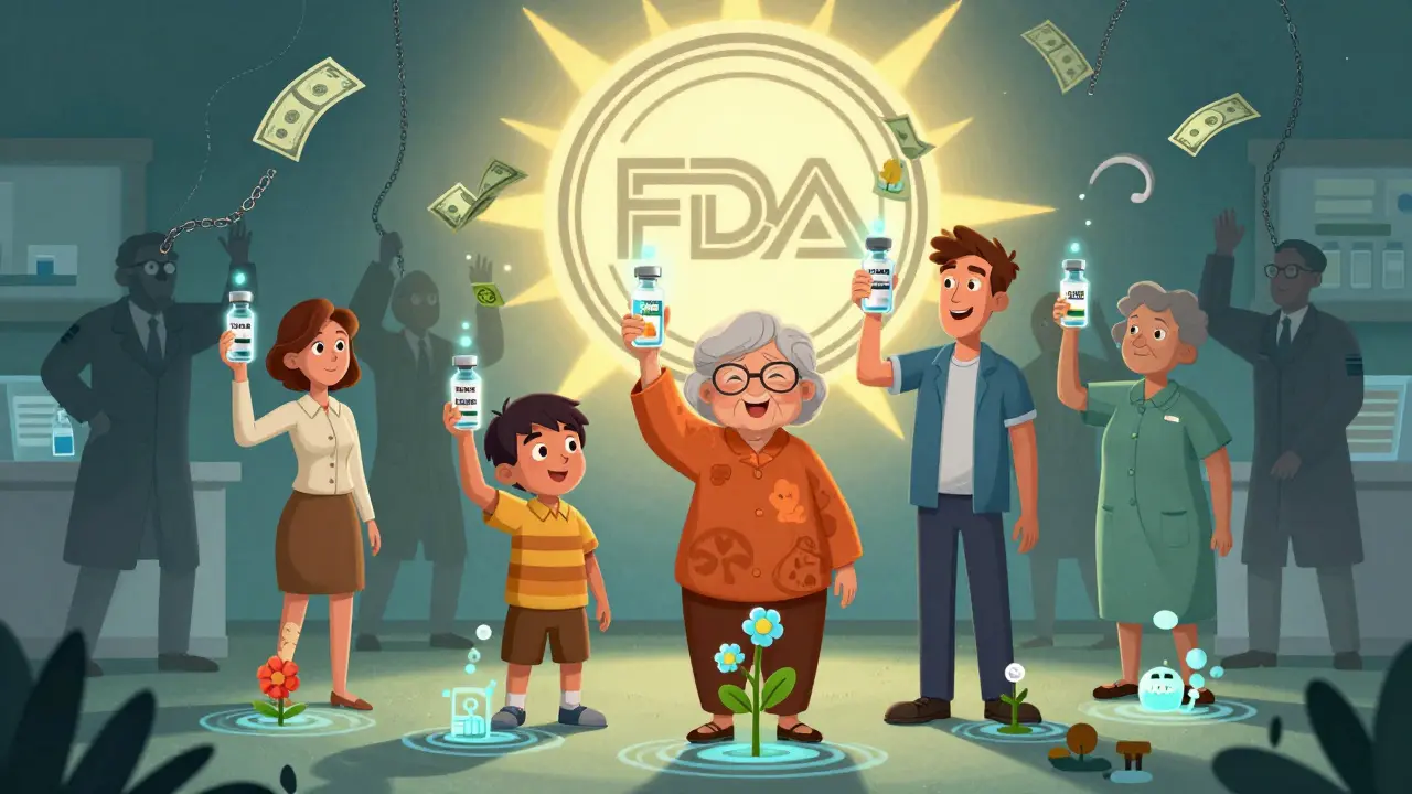 Diverse patients holding glowing biosimilar vials that turn savings into flowers and hospitals, with shadowy rebates blocking light.