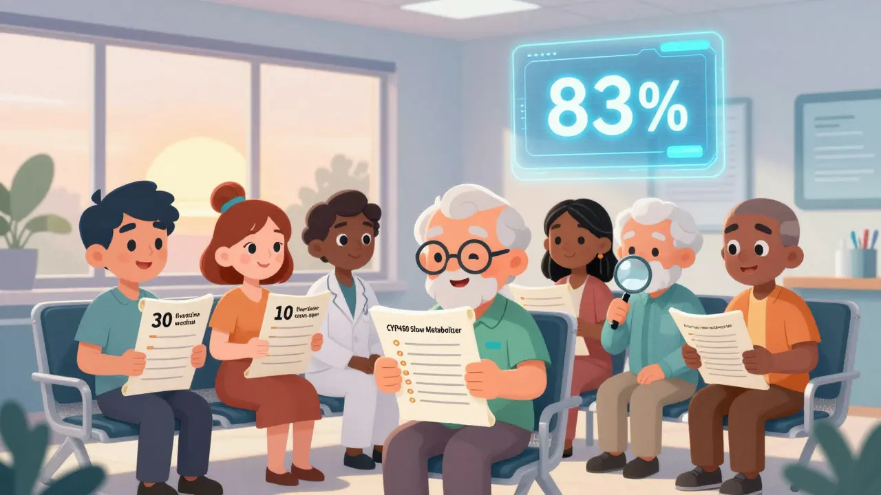 Diverse patients in a clinic holding personalized medication plans, with an AI hologram projecting accuracy data.