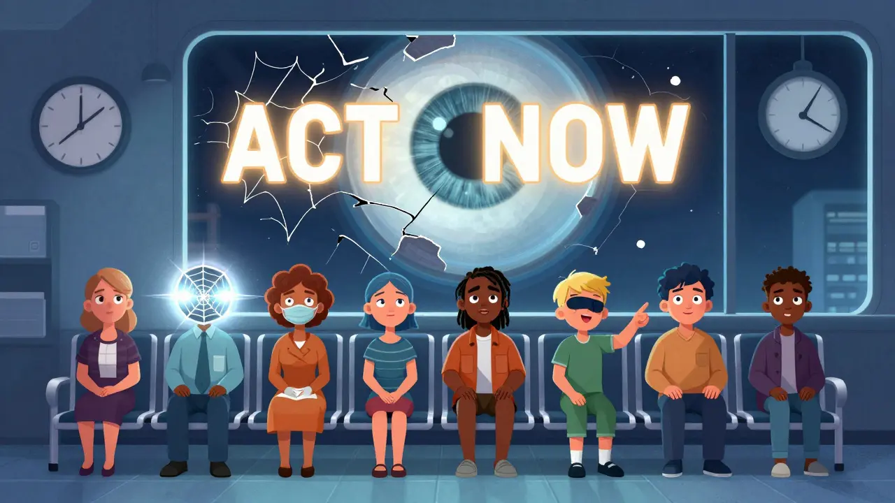 Diverse patients in a waiting room with visual symptoms, watched over by a giant cracked eye and a ticking clock.