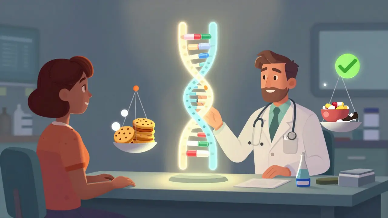 Doctor and patient with a glowing gene helix and opposing scales showing weight gain vs. health.