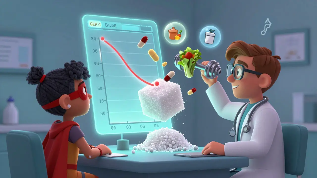 Doctor and patient with floating chart and superhero pills replacing junk food with healthy choices.