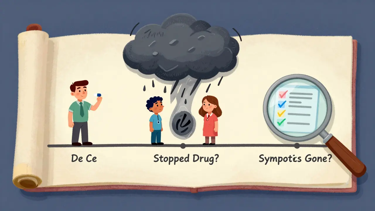 Illustrated timeline showing drug use, side effects, and dechallenge steps.