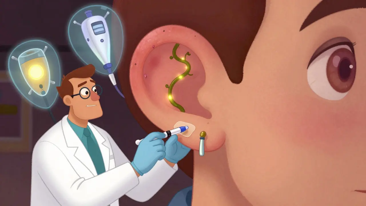 Keloid scar being gently treated with silicone sheets and injections, surrounded by safe laser light.