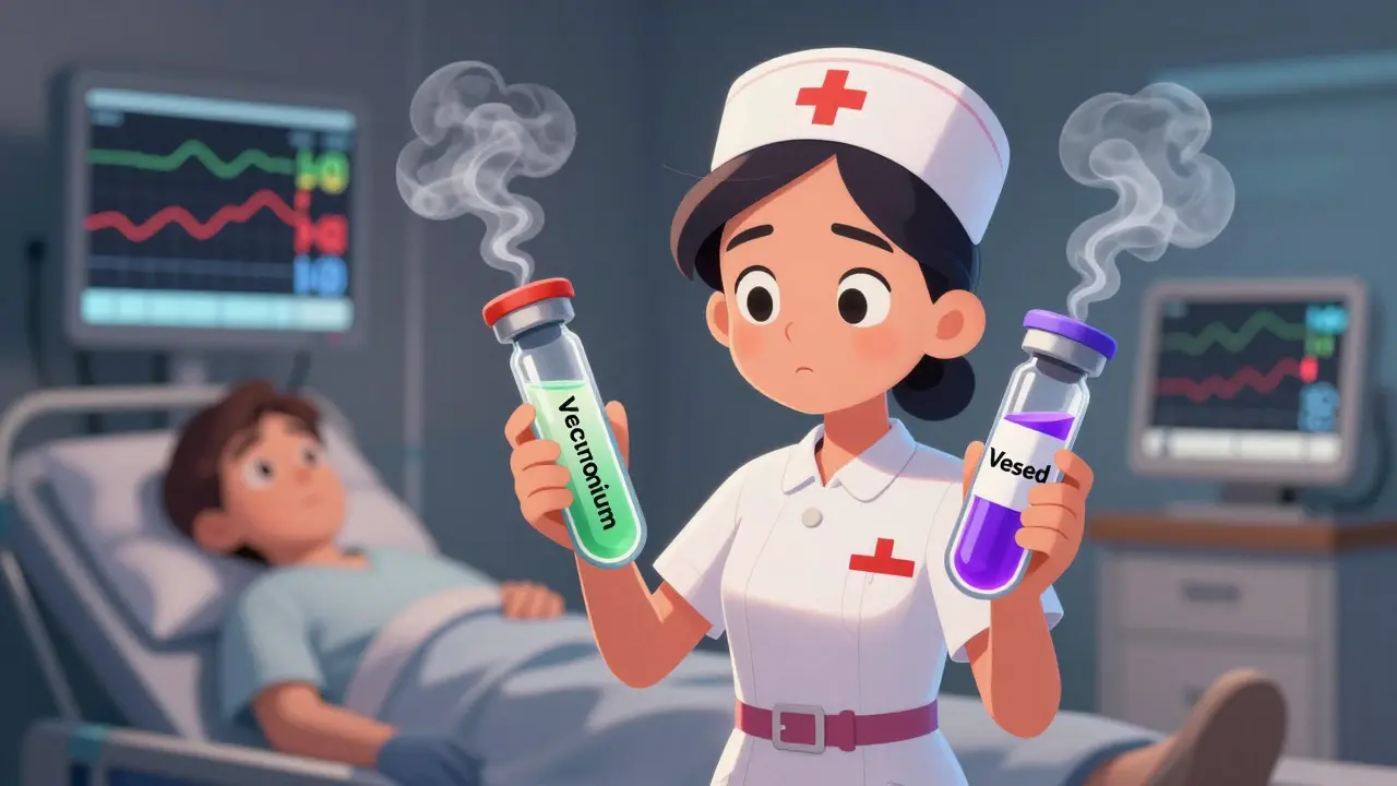 Nurse holding two vials with swirling names in an ICU, heart monitor flickering in background.