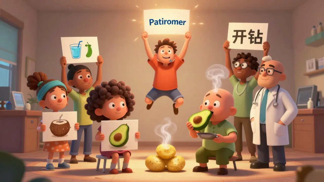 Patients in a doctor’s office with high-potassium foods, one floating up, another eating safer boiled potatoes.