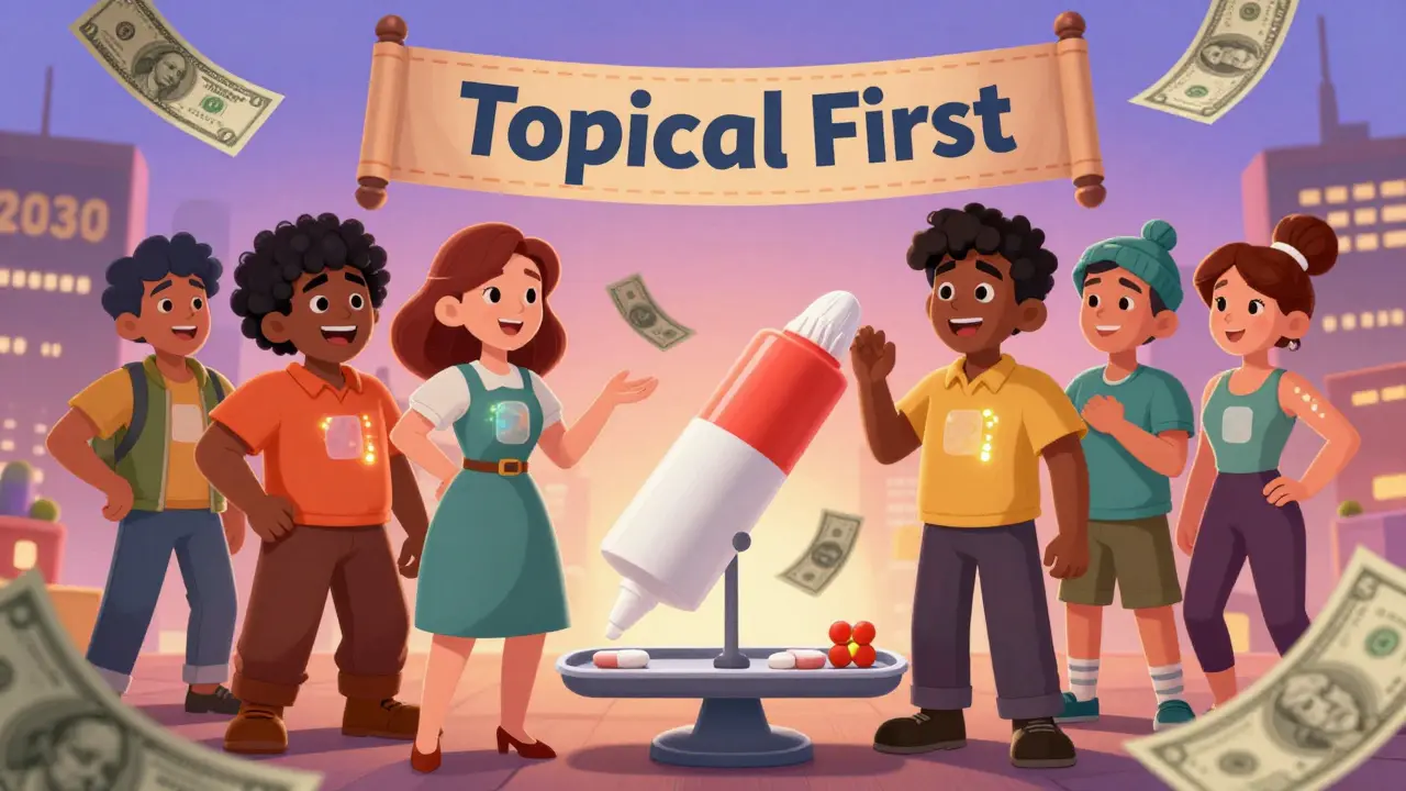 People holding different pain treatments on a scale tipping toward topical options, with futuristic microneedle patches glowing.