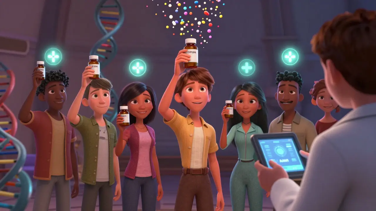 People with glowing gene symbols surrounded by floating drug particles, pharmacist scanning meds.