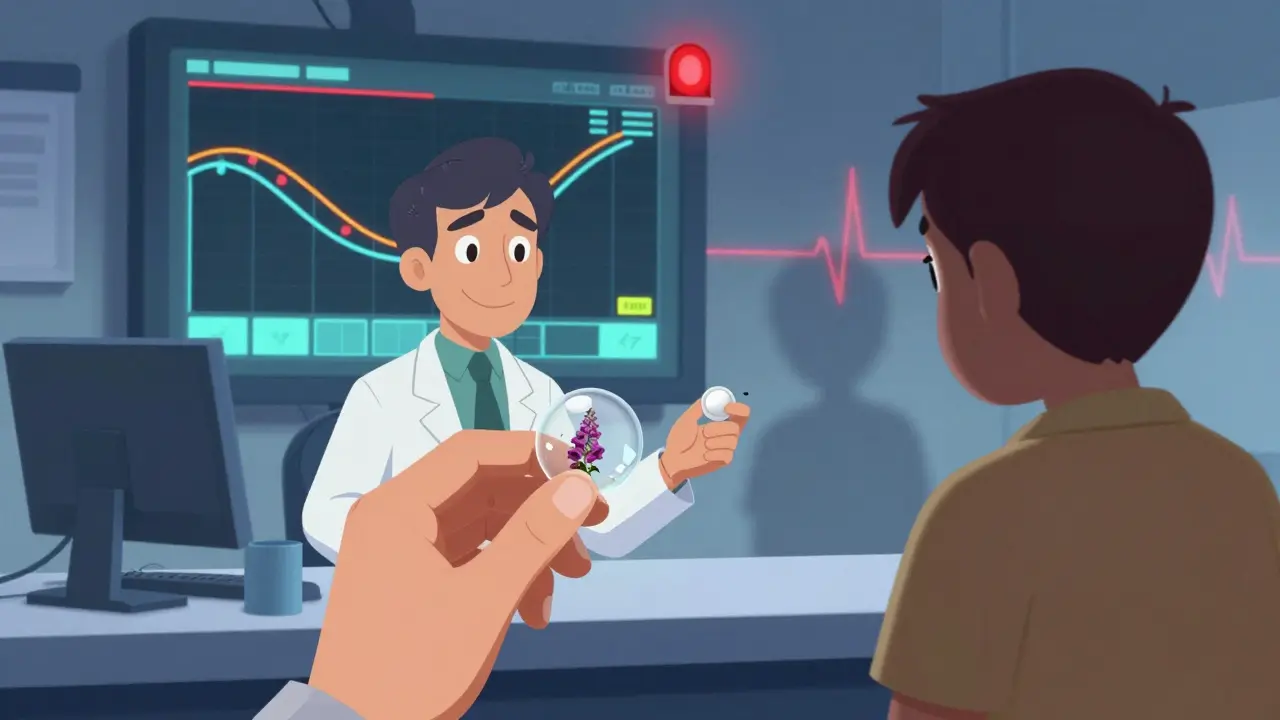 Pharmacist handing digoxin tablets, one transparent with foxglove, while blood levels spike and crash on a monitor.