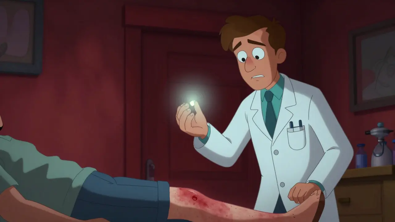 Pharmacist prepares to rechallenge a patient with a pill as a ghostly rash reappears.