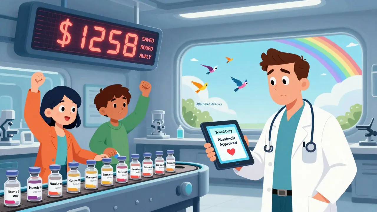 Scientists celebrate biosimilars flowing from a conveyor belt as a scoreboard shows 5B saved, with a doctor learning to accept them.