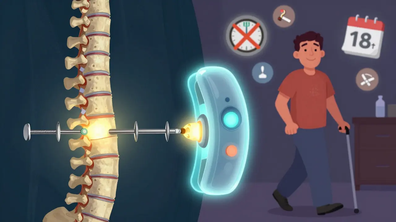 Spinal fusion with glowing bone graft and dynamic stabilization device beside it, patient walking in background.