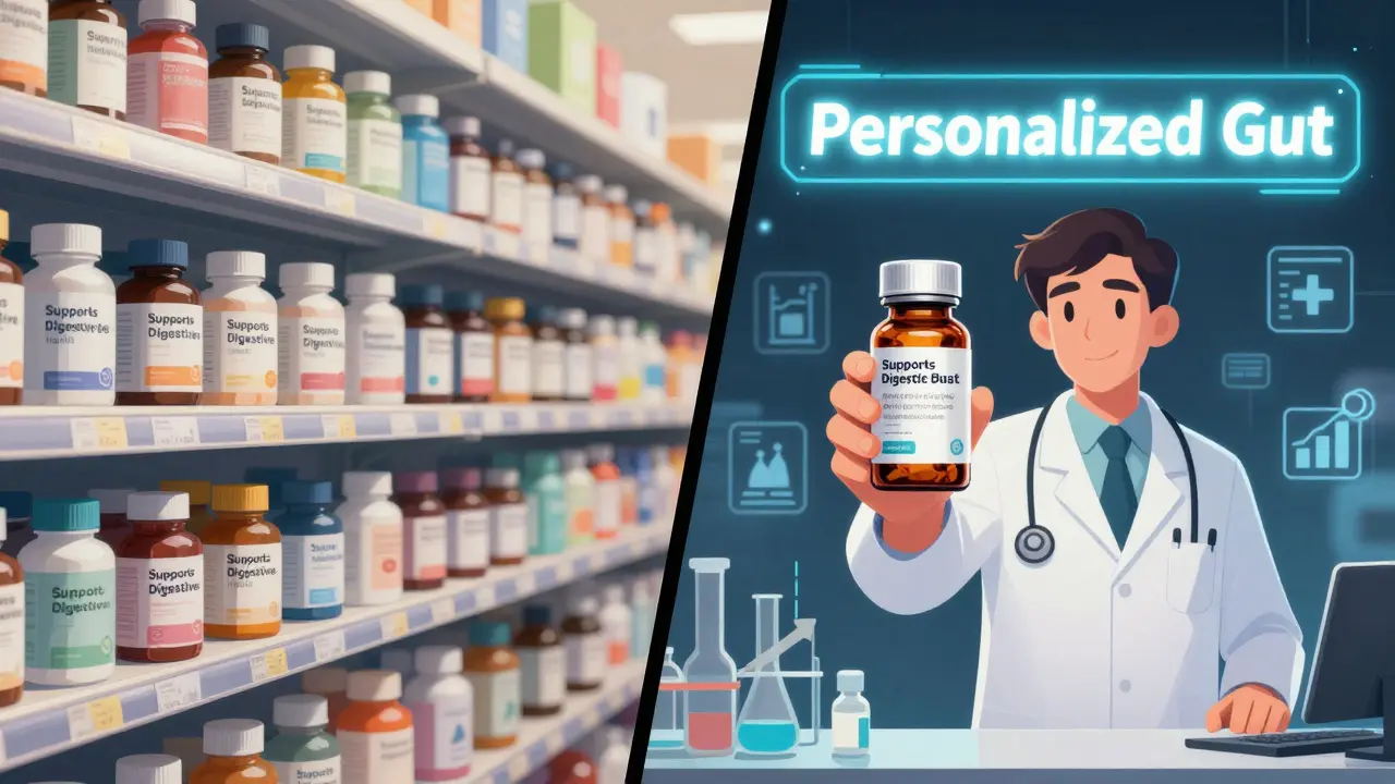 Split scene: messy probiotic shelves vs. clean personalized probiotic vial with research icons.