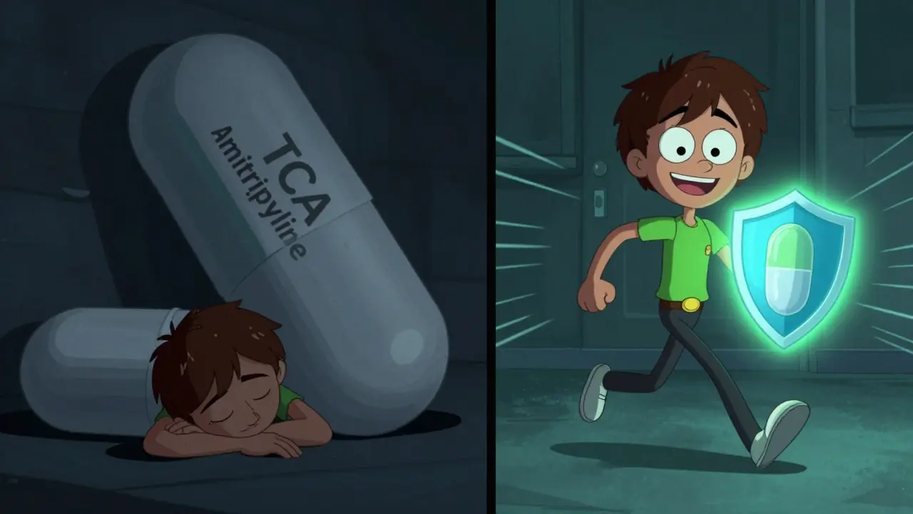 Split scene: one side gloomy with a large TCA pill, other side bright with bupropion as a hero.