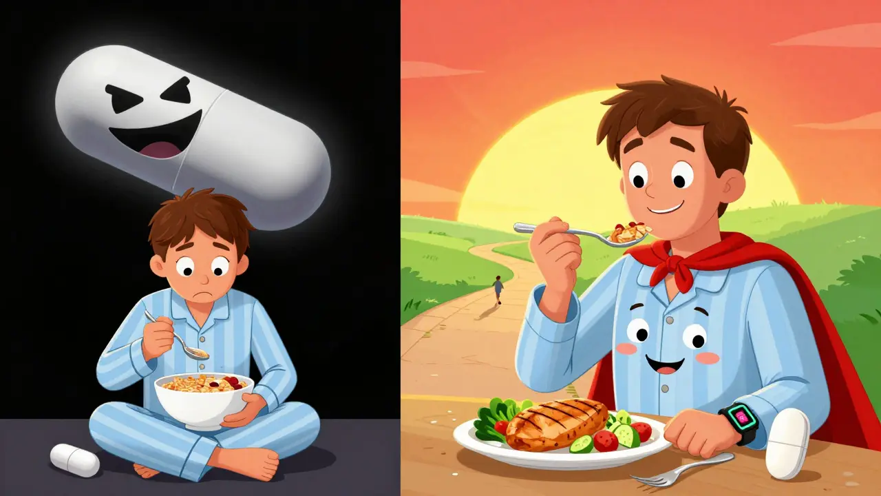 Split scene: person eating cereal with a scary pill vs. eating healthy with a superhero pill.