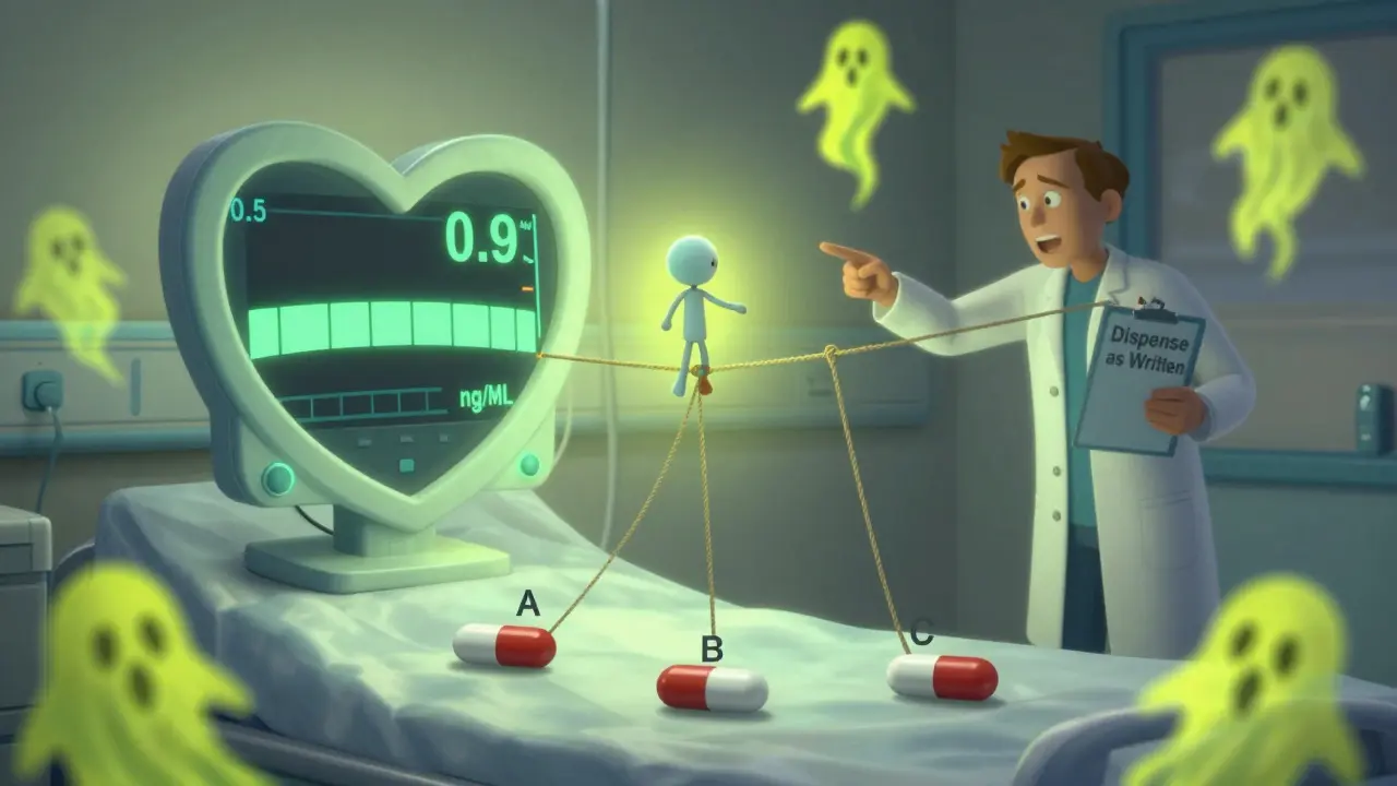 Stick-figure patient on tightrope above safe digoxin range, pulled by three generic pill brands with warning visions.