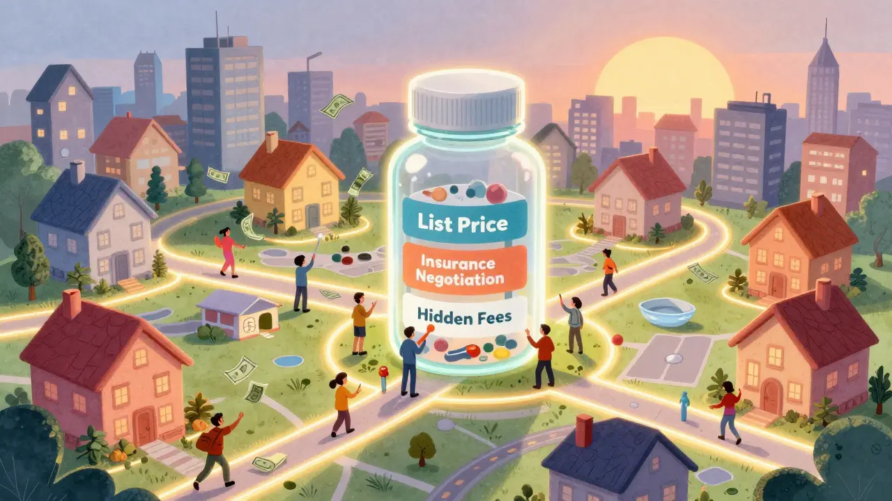 Whimsical city map showing drug cost savings flowing between homes and pharmacies with a transparent pill bottle.