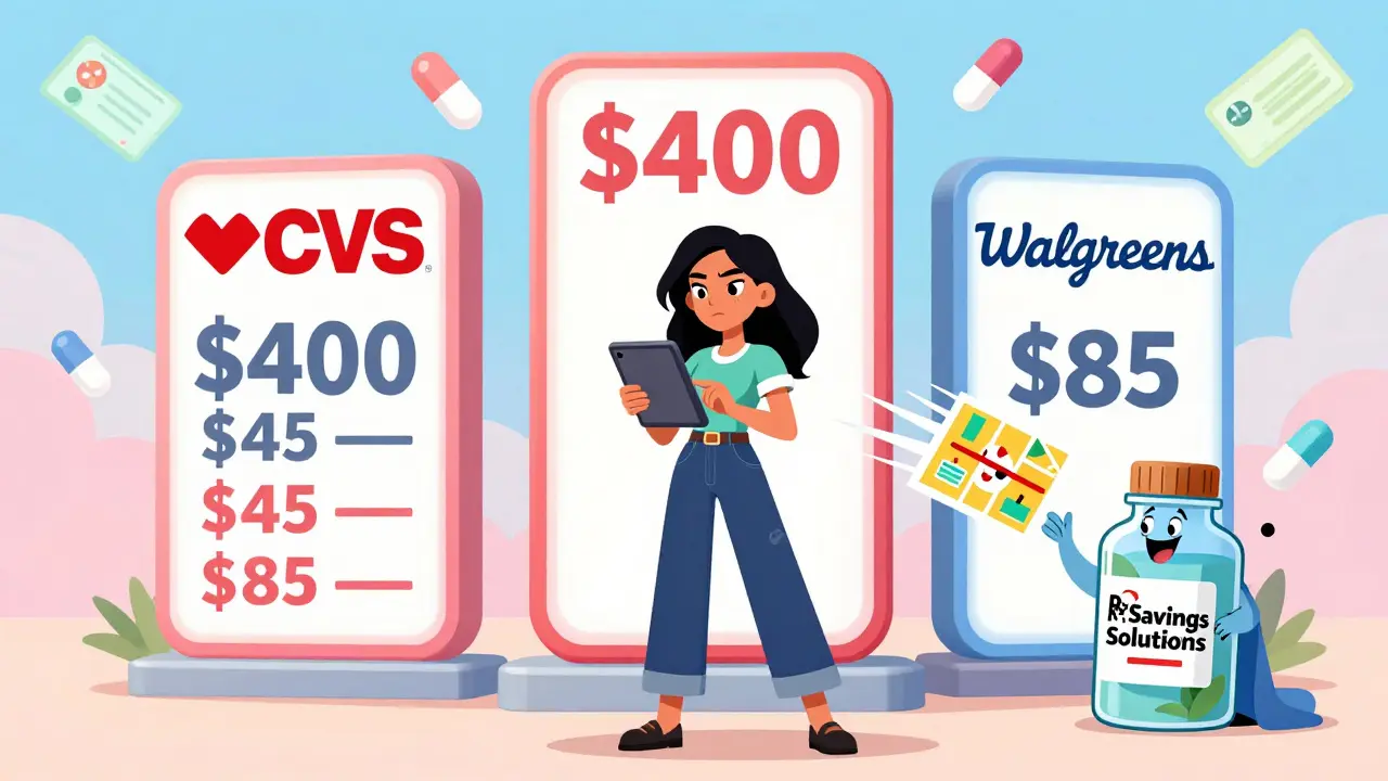 Woman comparing pharmacy prices with a helpful genie and floating price tags transforming from high to low.