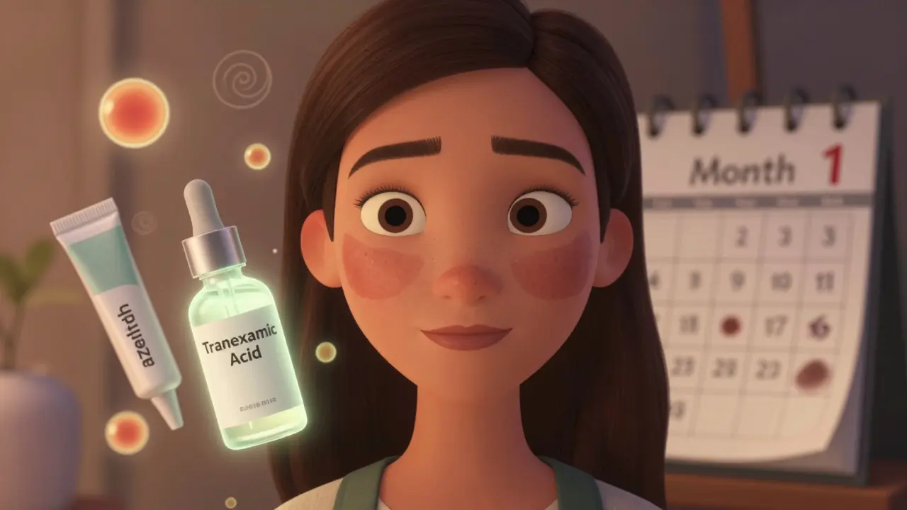 Woman’s face with melasma being treated by glowing skincare products in a hopeful, magical setting.