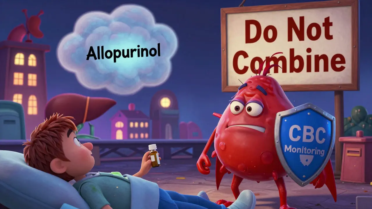 A blood cell superhero blocks a harmful drug cloud while a patient safely takes medication under monitoring.