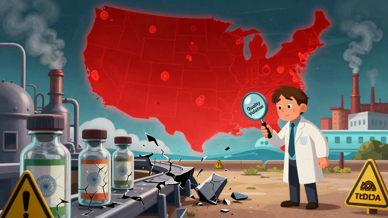 A broken drug factory in India sends smoke toward a red-spotted U.S. map of drug shortages.