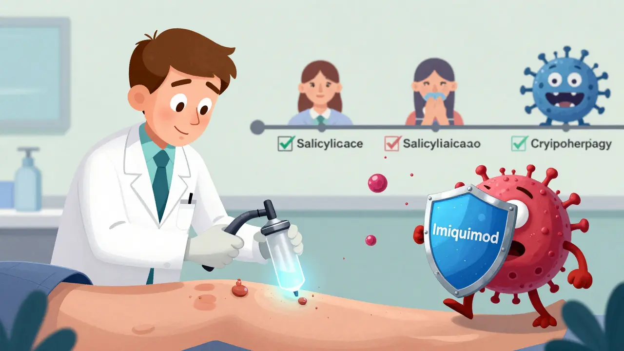 A dermatologist freezing a wart with liquid nitrogen while an immune system superhero fights HPV monsters.