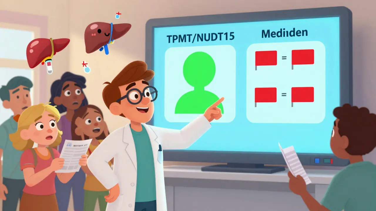 A doctor shows genetic test results on a screen to diverse patients, with medical icons hovering nearby.