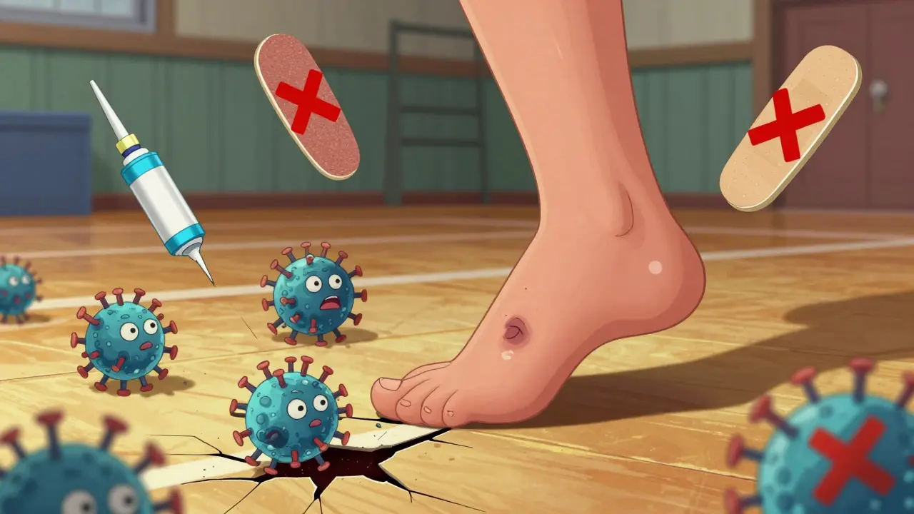 A foot stepping on a gym floor with cartoon HPV viruses jumping from cracks, plantar wart causing pain.