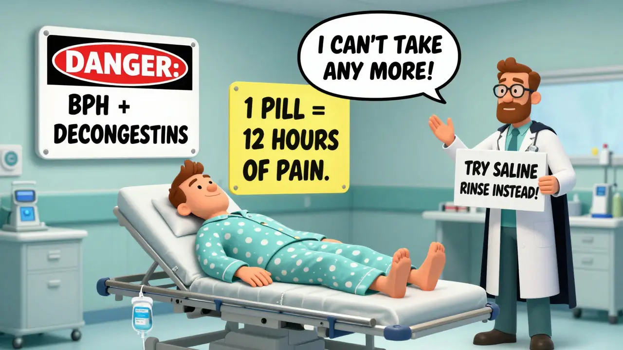 A man in a hospital with a catheter as giant warning labels float around him, while a pharmacist offers a saline rinse as a safe alternative.