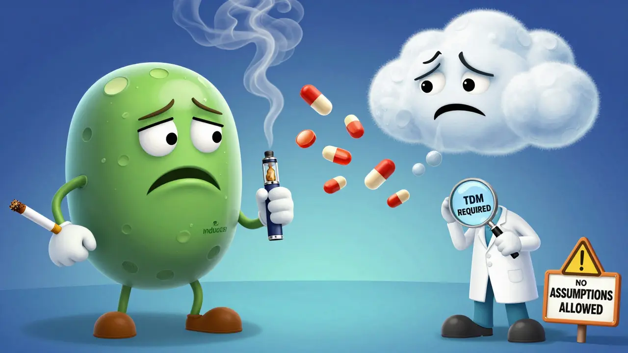 A patient holding a vape pen caught between conflicting enzyme effects on medication.