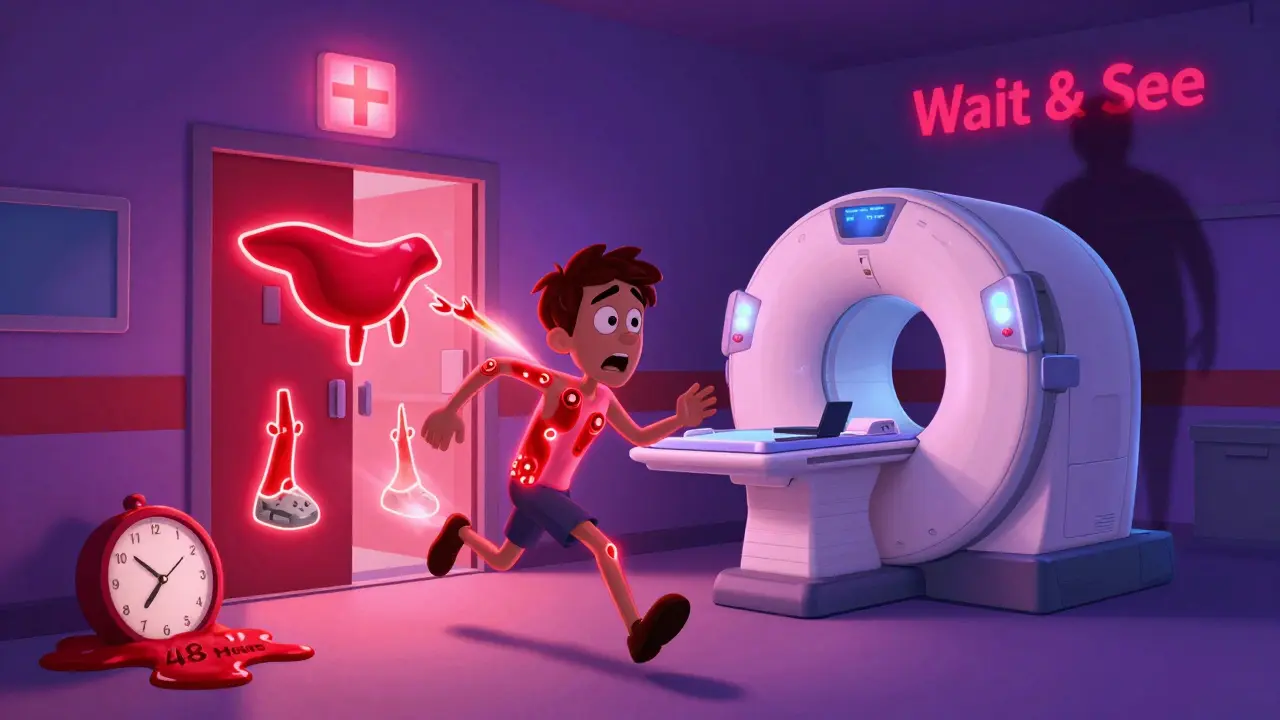 A patient sprinting toward emergency care with symptoms of cauda equina syndrome glowing around him, chased by a melting clock.
