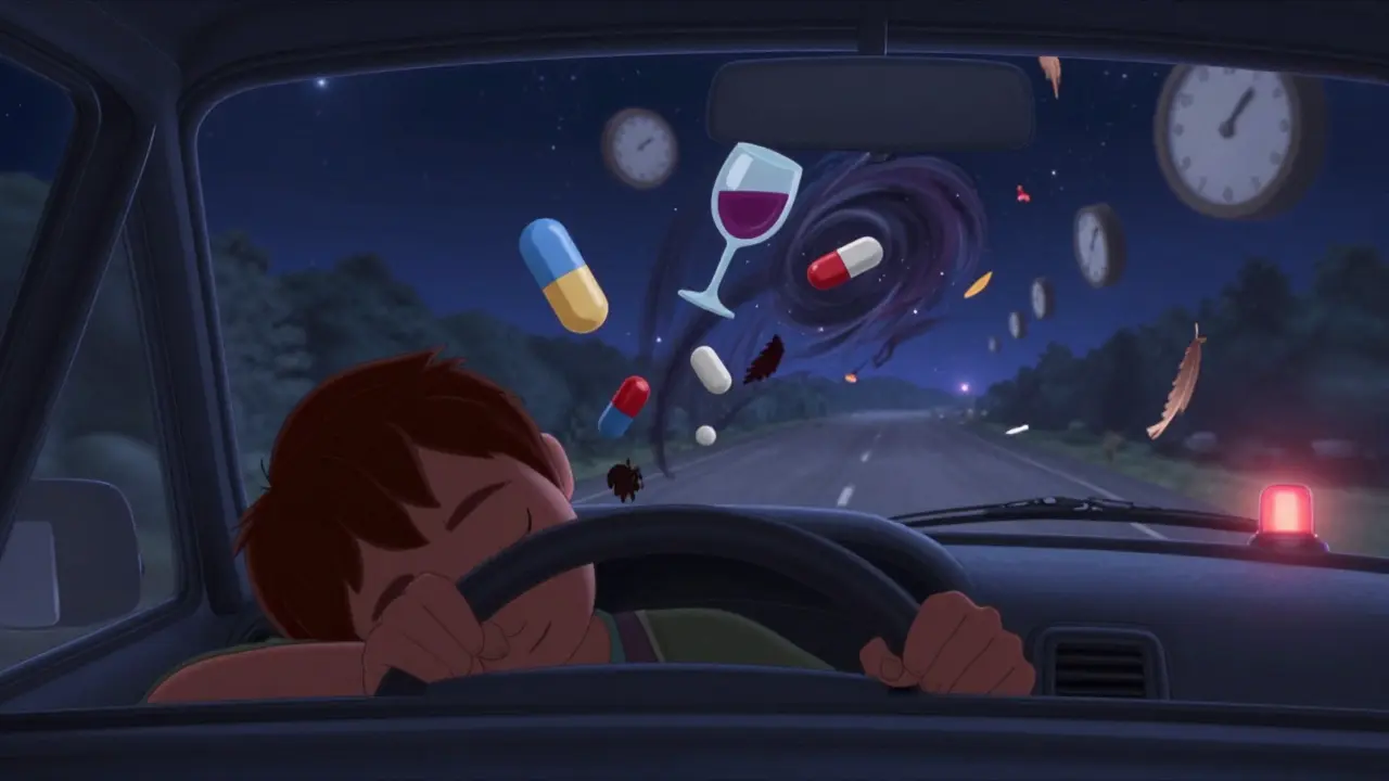 A person asleep at the wheel as valerian, alcohol, and sleep meds merge into a drowsiness vortex.