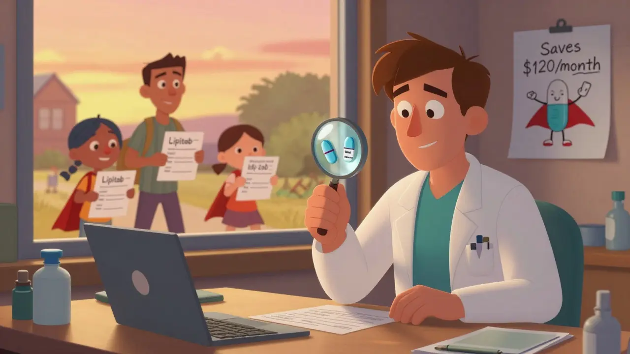 A pharmacist and doctor review pill data together as patients walk away happily with prescriptions labeled with simple names.