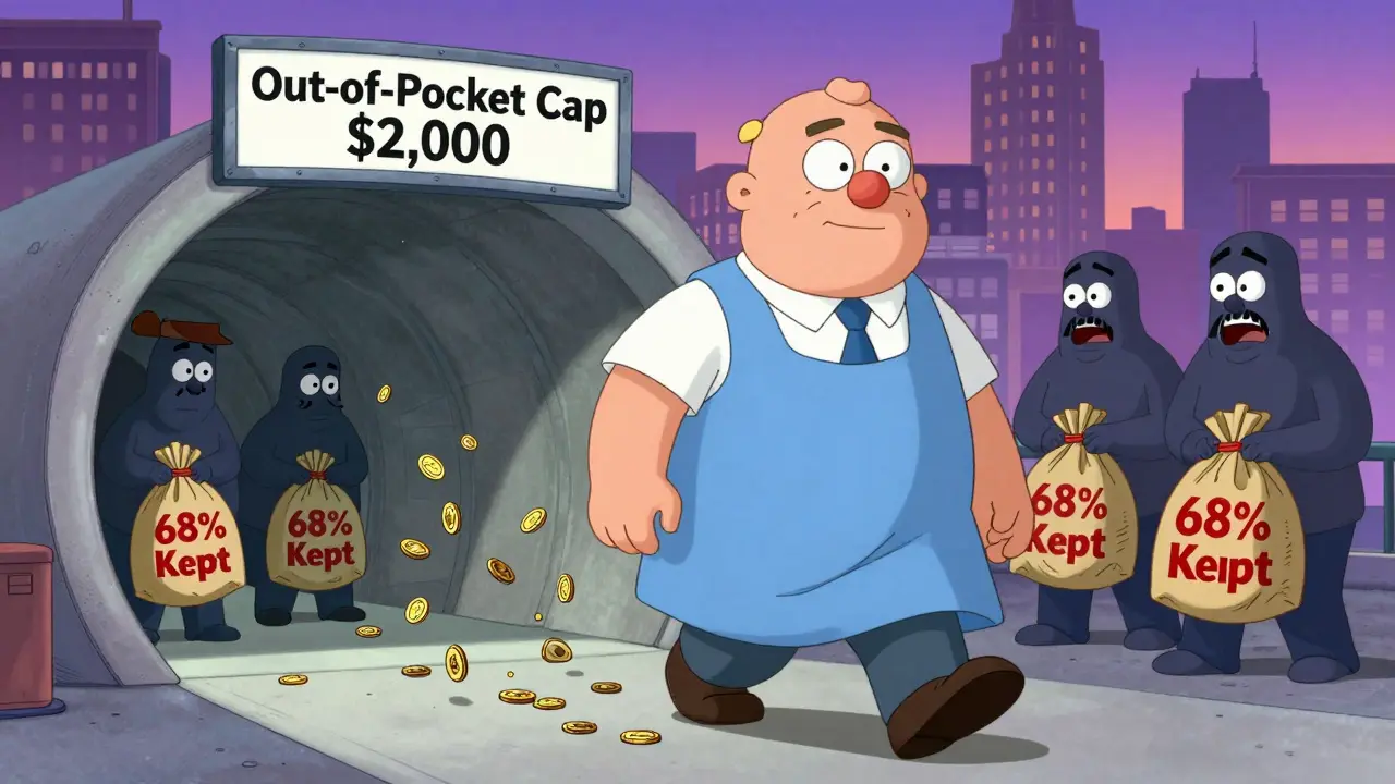 A senior walking through a cap tunnel as PBMs collect rebates behind them, cartoon-style illustration.