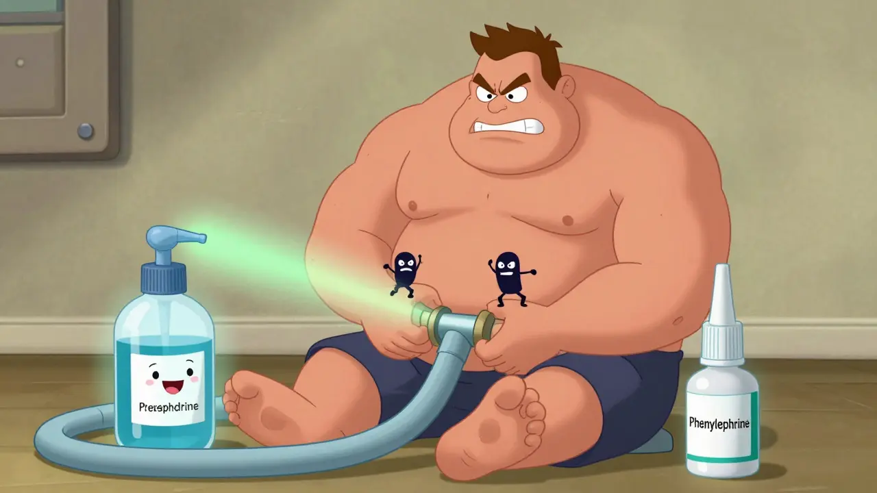 An angry, enlarged prostate squeezing a urethra while decongestant pills tighten its grip, with safer alternatives glowing nearby.