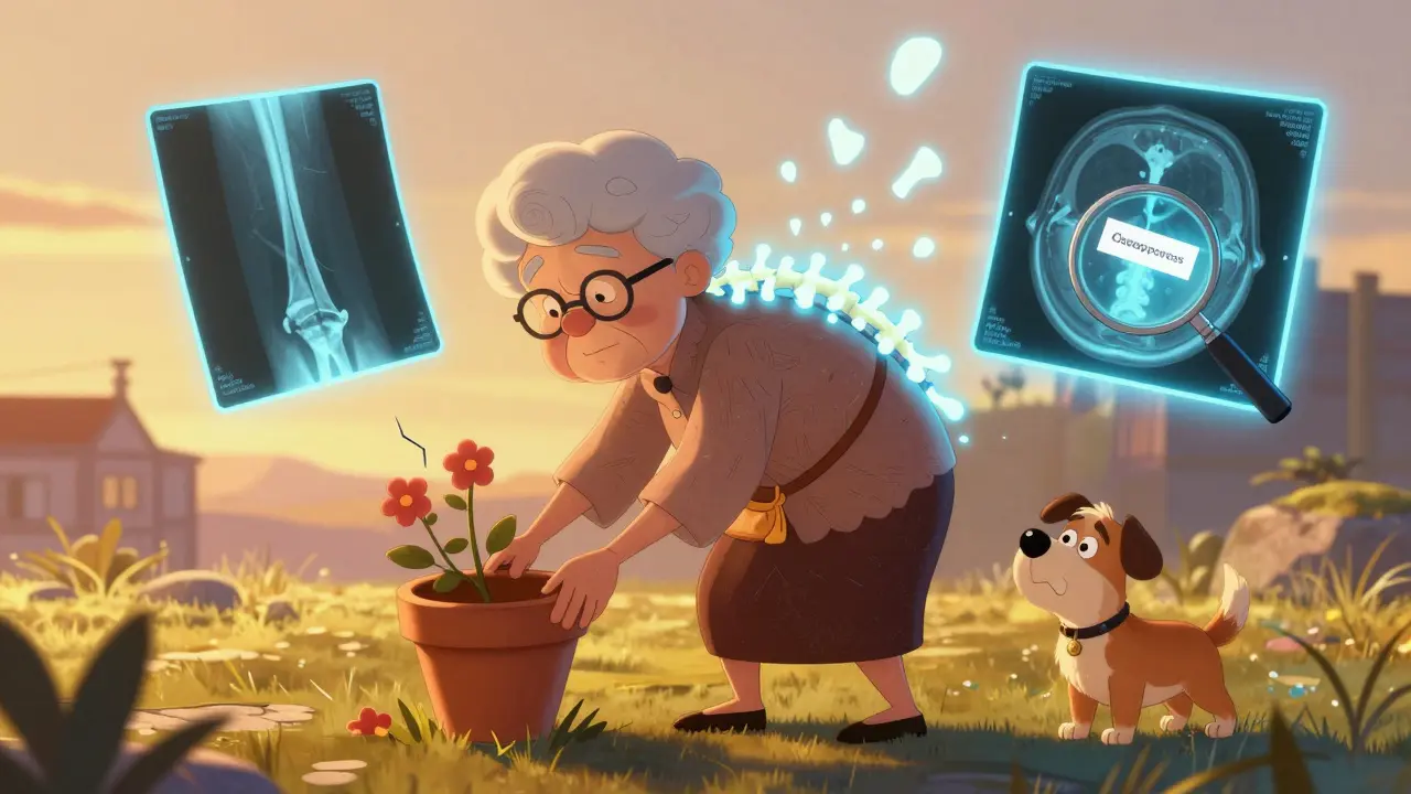 An elderly woman with a fractured spine after a minor fall, surrounded by diagnostic tools showing the difference between X-ray and CT scan.