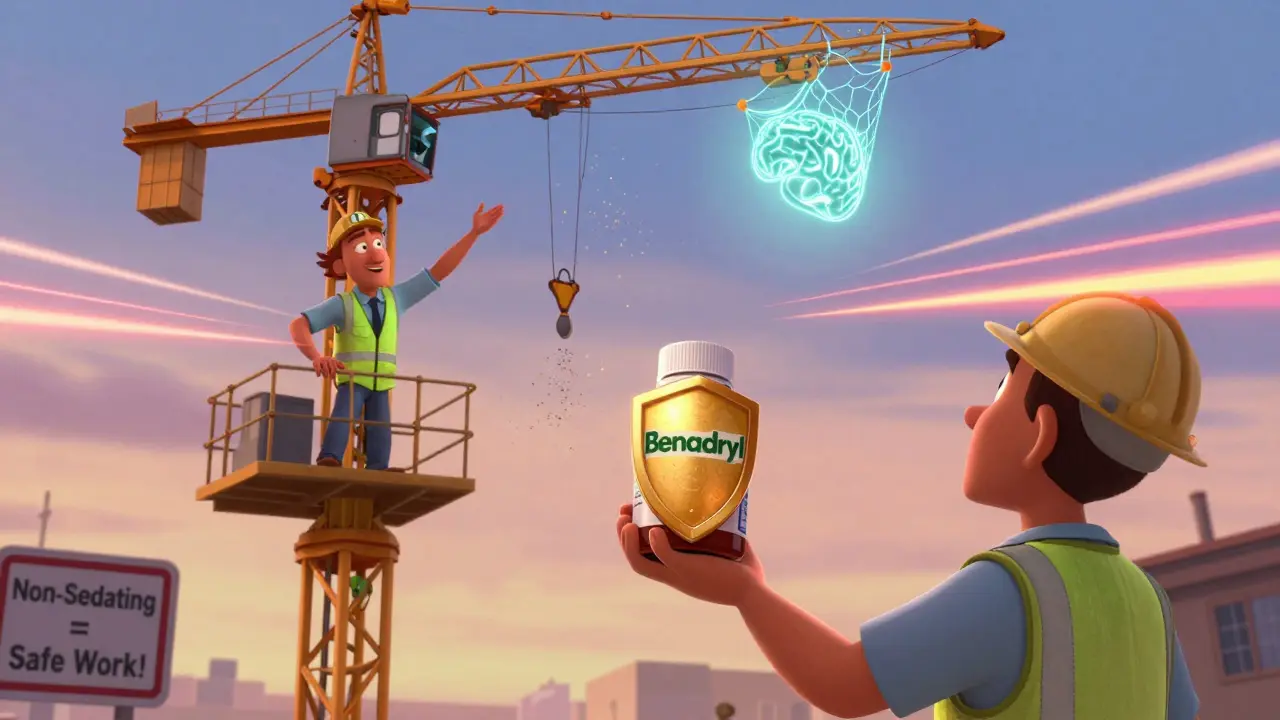 Crane operator's arm slowed by sedating antihistamine vs. quick, clear movement after switching to non-sedating option.