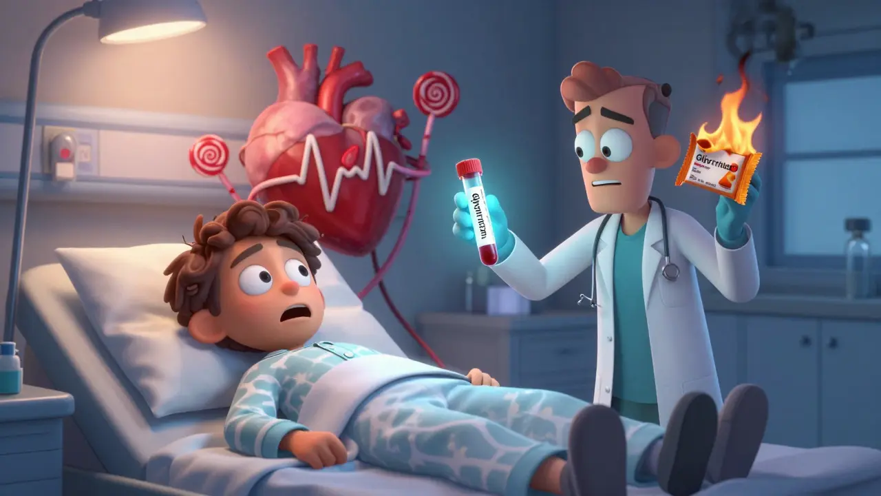 Doctor shows low potassium blood test as a licorice-tangled heart beats irregularly in a hospital room.