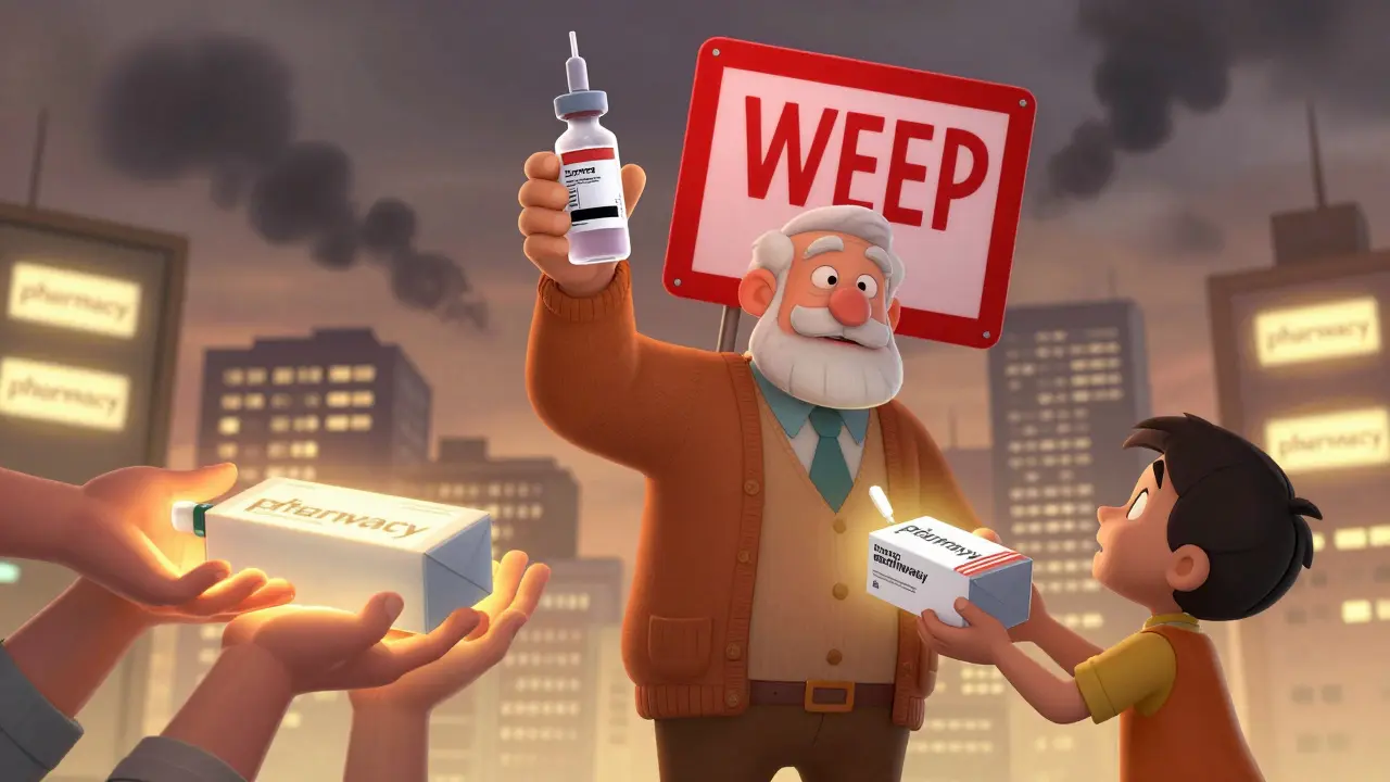 Elderly man exposing fake insulin as others pass a genuine medicine box to a child.