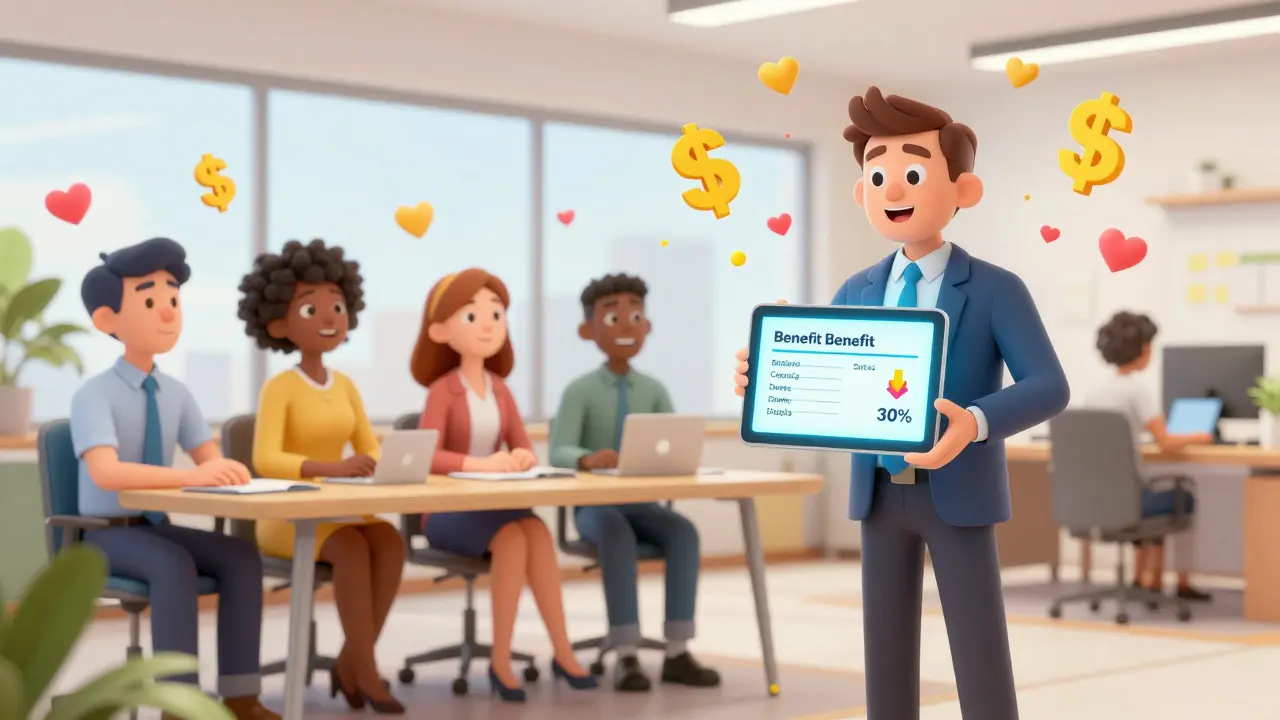 Employees watch a manager display personalized wellness savings on a tablet, with dollar signs and heart icons floating around them.