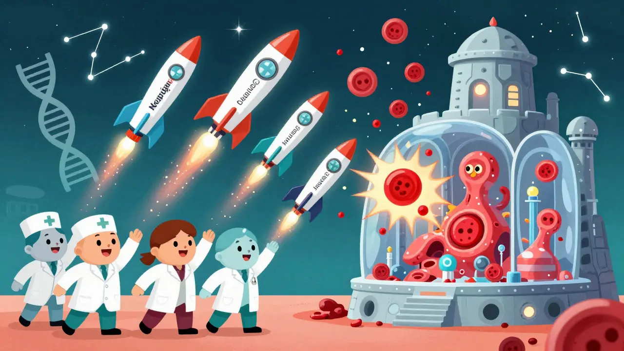 Medical heroes launching growth factor rockets to repair a damaged bone marrow fortress with bursting blood cells.