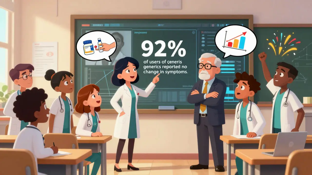 Medical students celebrate as a doctor shows real patient data proving generics work as well as brand-name drugs.