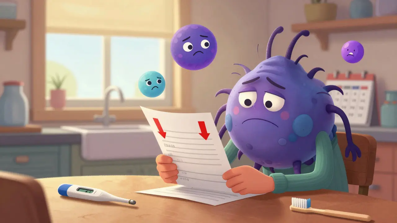 Patient holding blood test with low counts, animated blood cell icons beside them in a cozy kitchen setting.