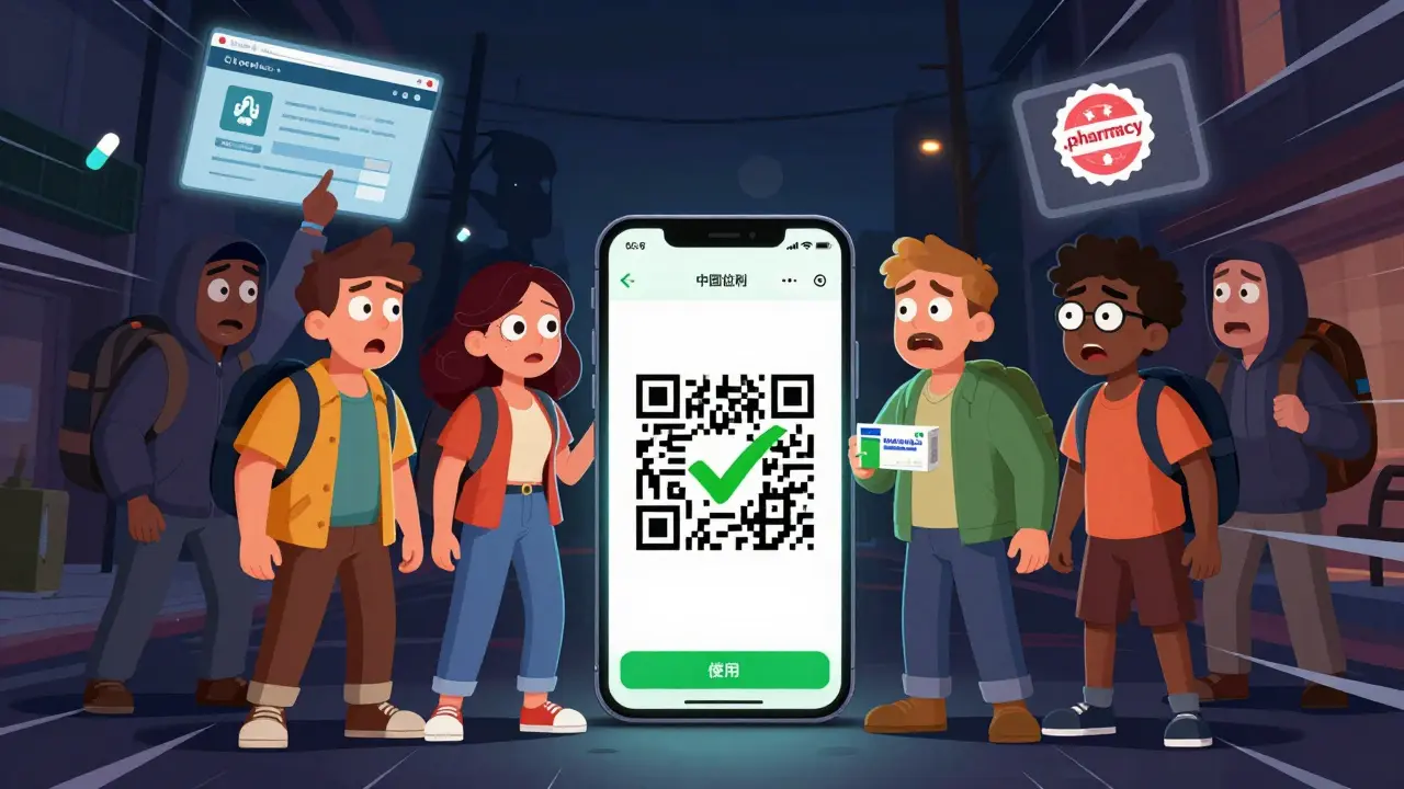 People verifying medicine with a smartphone app while counterfeit sellers lurk in the background.