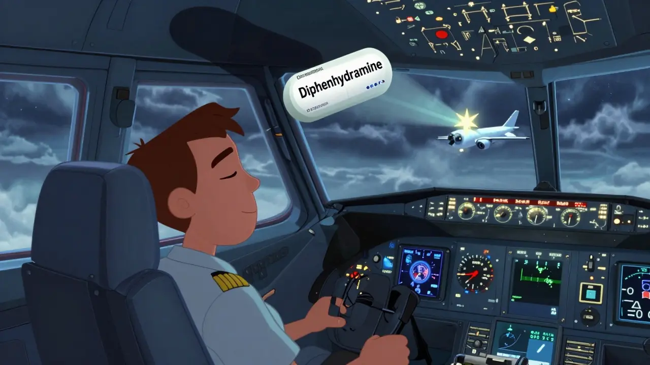 Pilot in cockpit with a dark cloud from Benadryl vs. a glowing star of Zyrtec keeping instruments clear.