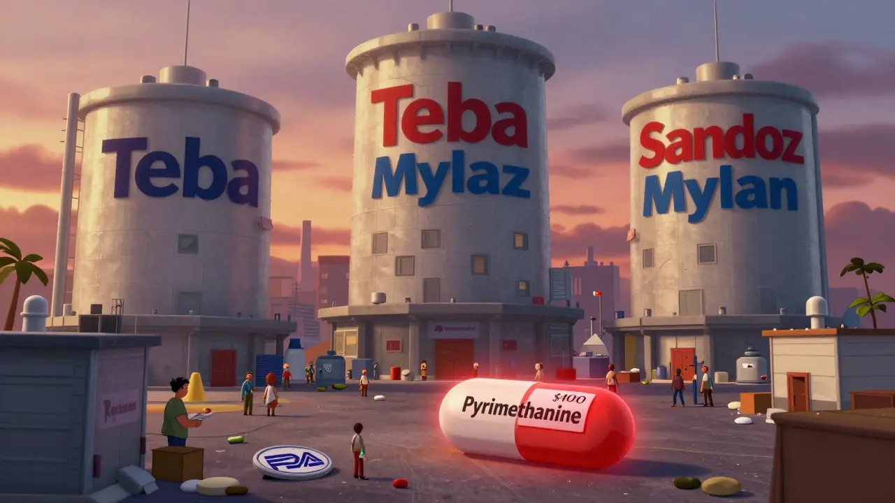 Three giant drug companies loom over small manufacturers, with one pill soaring in price, cartoon illustration.