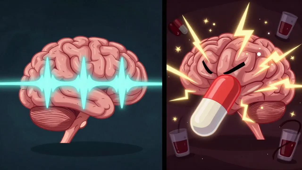 A brain split between calm waves and chaotic seizure sparks, with tramadol as a looming villain.